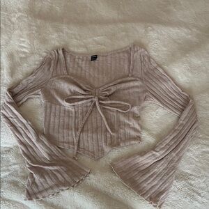 SHEIN Beige Ribbed Knit Crop Top with Bell Sleeves